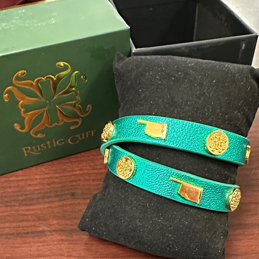 Rustic Cuff Oklahoma metallic Teal Bracelet with Gold Accents